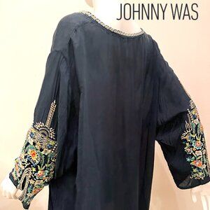 Johnny Was teal embroidered cupro tunic, V-Neck 3/4 Sleeves , Plus size 2/3X